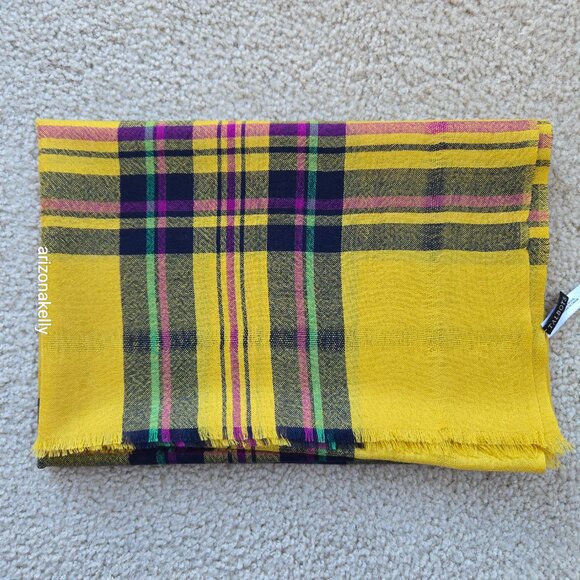 Talbots Lightweight Wool Scarf Yellow & Purple Plaid - Picture 10 of 10